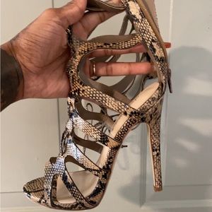 Tan & Black Croc-Skinned Lace Up Knee High Heeled Sandals